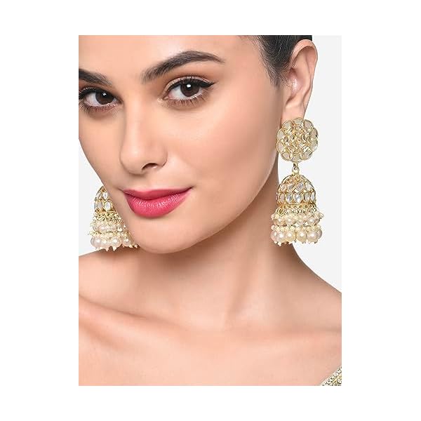 Zaveri Pearls Gold Tone Dazzling Kundan & Cluster Pearl Drops Statement Jhumki Earring For Women -ZPFK16206 - Image 4