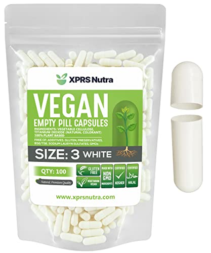 Image of XPRS Nutra Size 3 Empty Capsules - 100 Count Empty Vegan - Vegetarian Pills - DIY Vegetable Capsules Filling - Veggie Pill Caps (White)