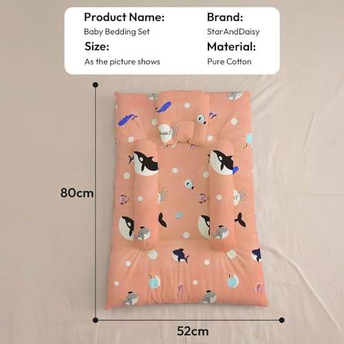 Image of StarAndDaisy Newborn Baby Bedding Nest 100% Cotton Cushioned Mattress Sheet with 2 Side Bolster Pillows & 1 Head Pillow Breathable & Soft Boys & Girl Design Shark Print