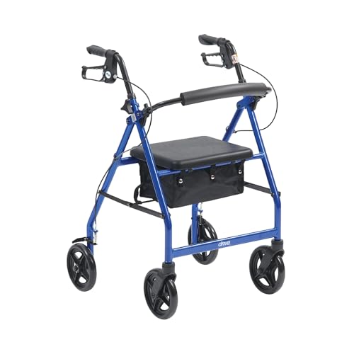 drive Blue 4 Wheel Walker Folding Rollator with Padded Seat Locking Brakes Height Adjustable Handles and Carry Bag