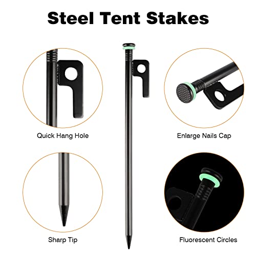 8 Pack Estacas de Tienda Metal Pesado con Estacas de Tienda de Acero de 10in + Anillos de Silicona Fluorescentes + Bolsa Especial para Camping Usado en Rocas, Praderas (10in - 8 Pack) miniatura 2