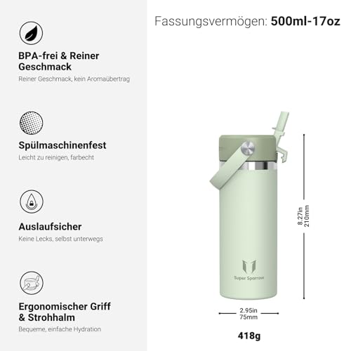 Sparrow Kinder Trinkflasche Edelstahl 500ml Thermosflasche mit Strohhalm – Ansicht 3