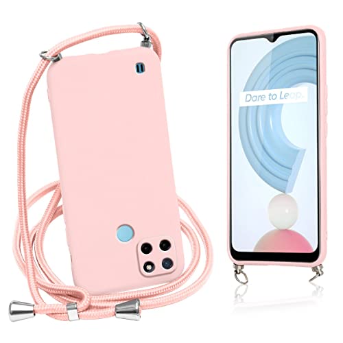 Vauki Coque avec Cordon pour Realme C21 4G Rose Silicone Coque Collier Réglable Téléphone Étui Lanyard Case Souple Antichoc Bumper Tour de Cou Chaîne Housse de Protection pour Realme C21 4G 6.5" Cover