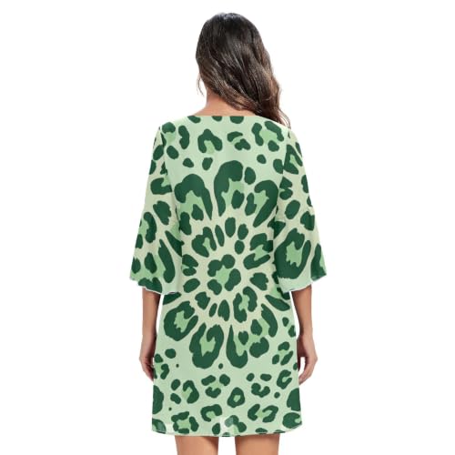 Vestido de gasa transpirable para evitar el calor con manga acampanada leopardo verde 4