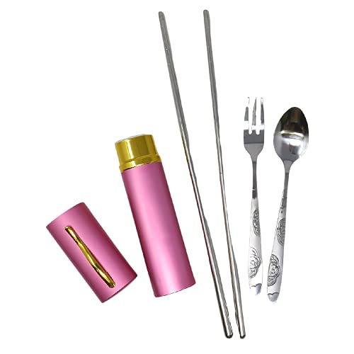 Needzo Portable Utensil Set with Stain Resistant Chopsticks, Fork, and Spoon, Travel Utensils for Purses and Backpacks, Pink