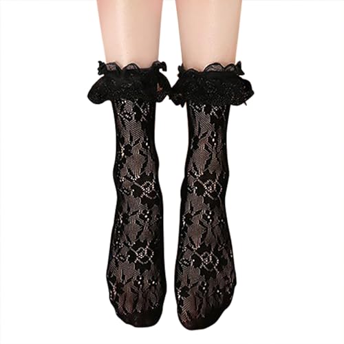 Littleforbig Ruffle Cuff Lacy Frilly Rose Pattern Fishnet Socks 2 Pairs - Black & White3