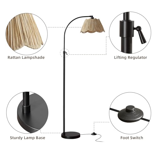 Image of 64'' Adjustable Arc Floor Lamp with Woven Pleated Shade, Black