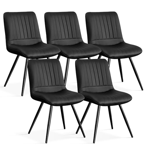 Image of Dining Chairs Set of 5, Modern Dining Chairs with Thick Cushions, PU Leather Upholstered Kitchen Dining Room Chairs with Metal Legs for Dining Living Room (Black)