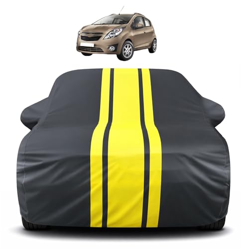 Image of Auto Hub Car Cover Compatible with Chevrolet Beat with Mirror Pocket, Soft Cotton Lining, Beat Car Cover Waterproof - Yellow-Black