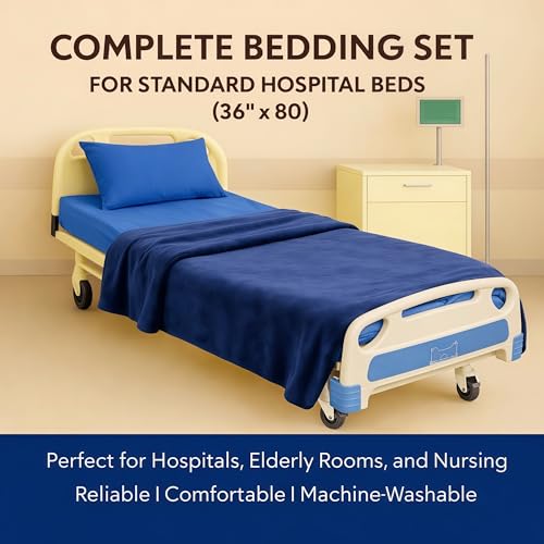 Image of Care Bed Sheets Set 4 Pcs - 36 inchx80 inch Fitted Sheet, Flat Sheet, Pillowcase & Blanket - Twin XL Hospital Style Sheets for Home or Adjustable Beds (Navy Blue)