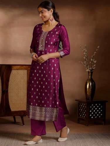 Image of Libas Womens Woven Design Silk Blend Straight Kurta With Trousers and Dupatta | daily wear suit