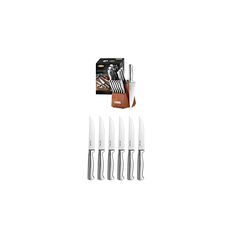 MC29 15 Pieces German Stainless Steel Knife Block Sets with Built-in Sharpener + McCook MC59 Full Tang Serrated Stainless Steel Steak Knives Set