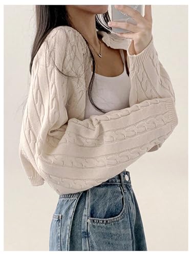 OYOANGLE Women's Cable Knit Open Front Bolero Shrugs Long Sleeve Lightweight Cropped Cardigan Sweaters4