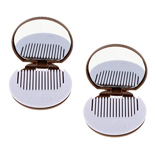9x2 Round Folding Makeup Mirror Compact with Comb Pocket Biscuit Size Cute Brown-picture-47