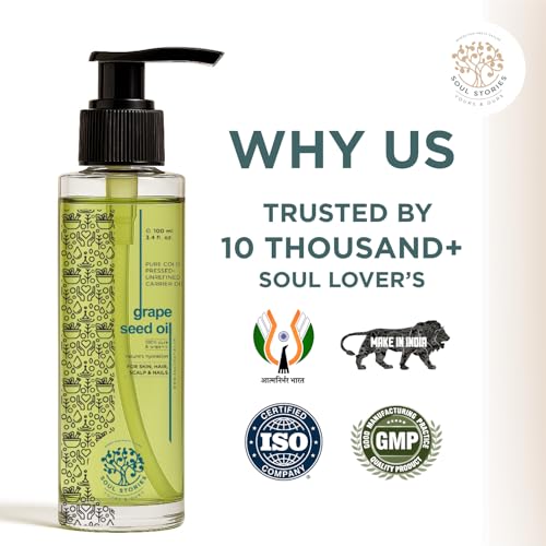 Image of Soul Stories Grape Seed Oil 100ml | 100% Pure Lightweight Oil for Hair, Face & Body | Fast Absorbing Formula | Helps Improve Complexion, Smooth Texture & Even Tone | Rich in Vitamin A & E