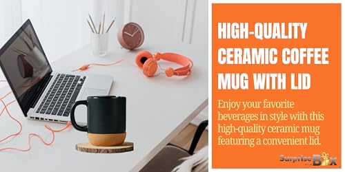 Image of Matte Black Ceramic Coffee Mug with Cork Base & Spill-Proof Lid | 350 ml Office & Home Coffee Cup | Mug for Hot & Cold | Anti-Slip Wood Bottom Tea for Desk, Travel & Gifting