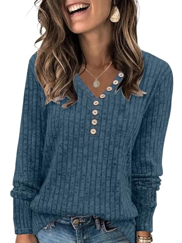 Womens Henley Knit Sweaters 2025 Fall Winter Deep V Neck Long Sleeve Button Pullover Casual Tops