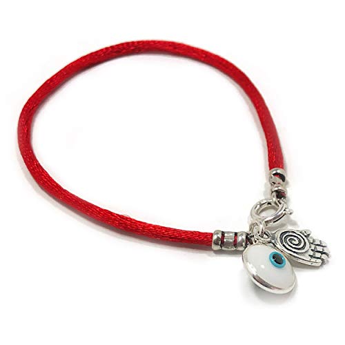 MIZZE Made for Luck - Bracciale in Argento con Mano di Hamsa su Corda Rossa per Uomo e Donna, 20 cm, Occhio Turco Bianco per Protezione, Ciondolo per malocchio e Ciondolo per Tutti Gli Occhi vedenti