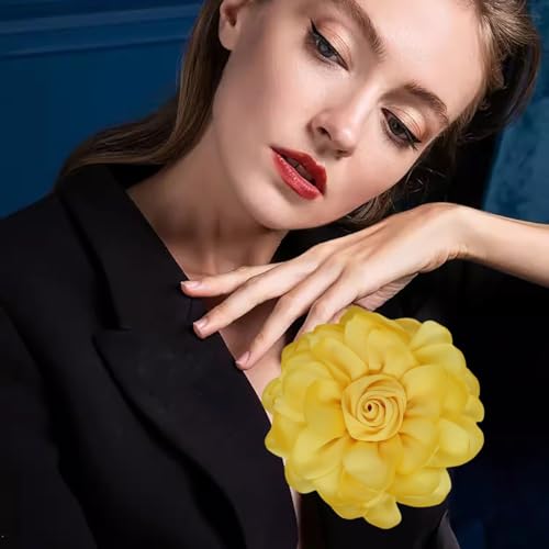 Image of Extra Large Satin Fabric Flower Brooch for Women Elegant Rose Camellia Floral Brooch Pin Handmade Big Satin Fabric Flower Statement Brooch Pin Vintage Clothing Hat Bag Accessories Christmas Wedding Bridal Birthday Jewelry
