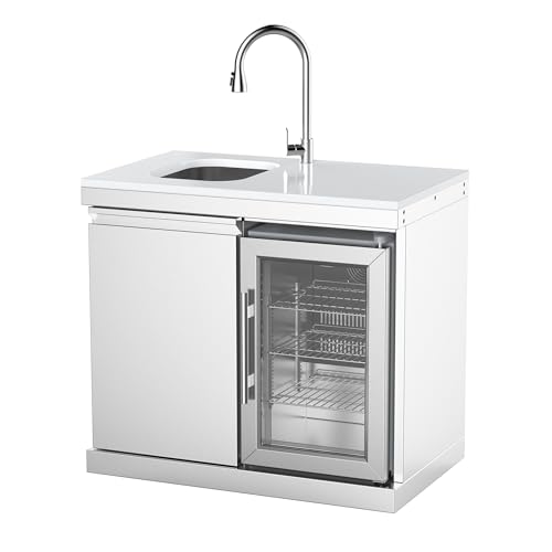 Image of Sink and Fridge Combo for Outdoor Kitchen, 68L Refrigerator and Sink with Pull-Down Faucet, Brushed SS and Granite Countertops, All-in-One BBQ Island Cleaning Station