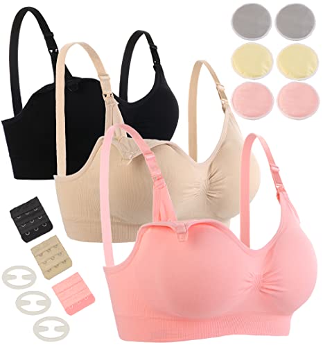 Image of Seitop 3 Pack Nursing Bra Seamless Breastfeeding Bras with Washable Nursing Pad & Clips Maternity Sleep Bralette for Women XL