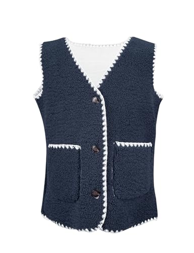 Minclouse Girls Fleece Vest Sleeveless Button Down Sherpa Jacket Cute Color Block Outerwear with Pockets for Toddler & Kids2