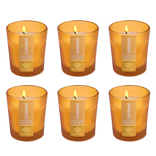 Image of EKAM Sandalwood Votive Soy Wax Scented Candle, 40 Grams, 10 Hours Burn Time| Long Lasting Premium Candles | Ideal for Home Decor | Gifting & Aromatherapy (Pack of 6)
