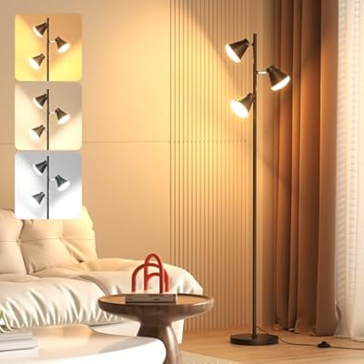 SIBRILLE 36W Integrated LED Tree Floor Lamp, Dimmable Standing Lamp with Foot Switch, 3 Color Temperature, 3 Rotatable Lights Floor Lamps for Living Room, Bedroom, Office