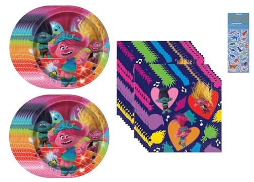 Trolls Birthday Party Supplies Bundle Pack includes 16 Dessert Plates, 16 Paper Napkins, 1 Dinosaur Sticker Sheet