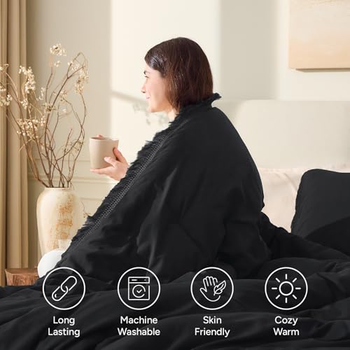 Image of Andency Black Comforter Set Full Size, 3 Pieces Boho Tassel Lightweight Bedding Comforter Sets, All Season Soft Fluffy Fringe Bed Set (79x90In Comforter & 2 Pillowcases)