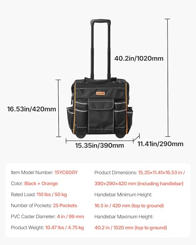 Image of VEVOR 15 inch Rolling Tool Bag, 110 lbs Load Capacity, 25 Pockets Heavy Duty Roller Tool Bag on Wheels, Adjustable Telescoping Handle & Stable Base, Toolbag Organizers w /Wheels for Construction, Mechanic