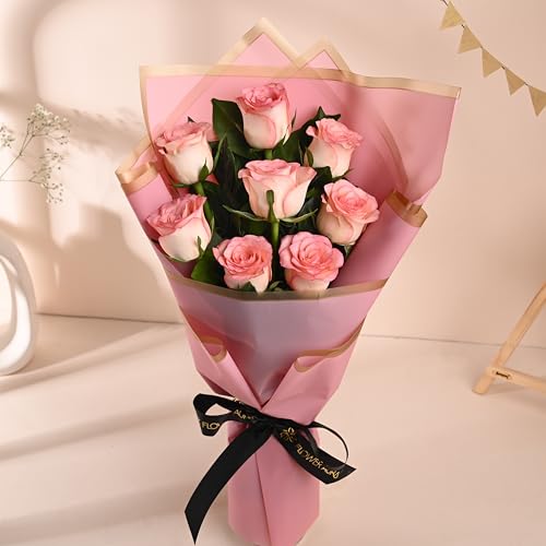 Image of FlowerAura Premium Fresh Live Flower Bouquet of 8 Pink Roses In Designer Paper Gift For Birthday | Anniversary | Love | Home Decor | Fathers Day Gift For Dad (Same Day Delivery)