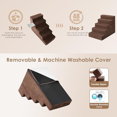 Image of EHEYCIGA Dog Stairs for High Bed 25 inch H, 5-Step Extra Wide Dog Steps for Bed, Pet Steps for Small Dogs and Cats, Non-Slip Balanced Pet Ramp Indoor, Brown