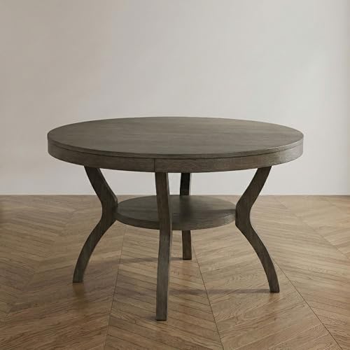 HOMES: Inside + Out Barfield Farmhouse Storage Wood 48 in. Round Table with 1 Shelf for Dining Room, Kitchen, Gray