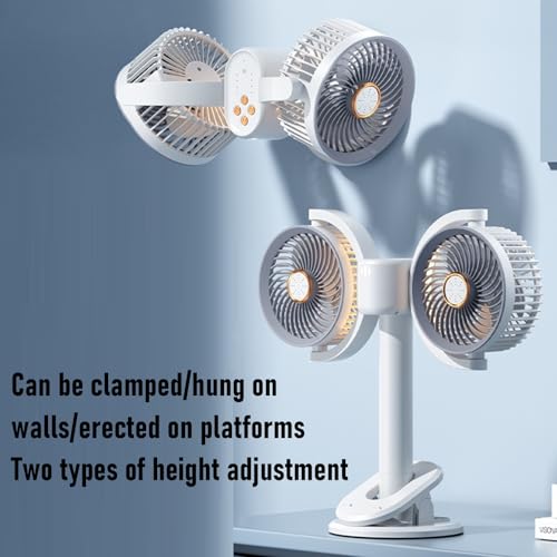 Ventilador de doble cabeza con clip y luz LED Gugxiom para un flujo de aire potente y ajustable 3
