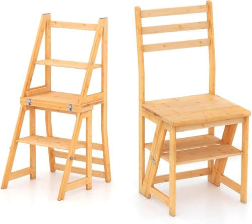 GIANTEX Silla Escalera de Bambú 3 en 1, 3 Peldaños, 40 x 41,5 x 89 cm, Carga hasta150 kg, Silla Plegable Multifuncional, Taburete Escalera para Cambiador, Cocina, Almacén