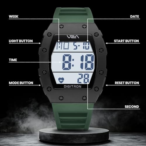 Image of V2A Digitron 2118 Tonneau Sports Watch for Men & Boys | Rugged Design | Big Dial | Alarm, Stopwatch, 12 /24H | 3 ATM Water Resistant | Luminous Display | Sports, Fitness, Outdoor & Training | Gifts for Men & Boy (DarkGreen-White)