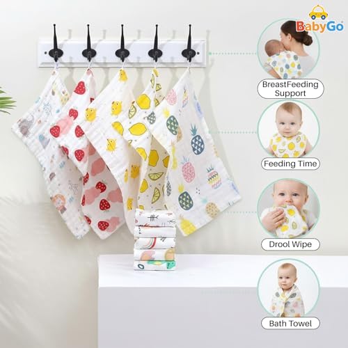 Image of BabyGo Muslin Baby Washcloths - 6 Layer Ultra Soft Cotton Baby Towels | Highly Absorbent Face Towels for Newborns, Kids & Toddlers | Quick Dry Burp Cloths & Bath Essentials (Large) - Pack of 5