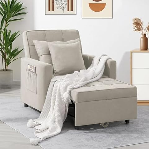 GOOGIC Convertible Sofa Bed, 3-in-1 Sleeper Chair Bed, Adjustable Recliner Sofa Bed with Pillow，Multi-Functional Folding Sleeper Chair Bed for Living Room Office Small Space(Linen-White) Cover