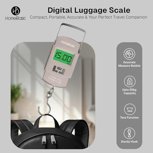 Image of HomeBasic Digital Luggage Weight Scale 50kg | Weighing Machine for Luggage Bags, 4 Weighing Modes (kg /lb /oz /jin), LCD Display, Tare Function, Auto-Off, Portable Travel Weighing Scale (BEIGE)