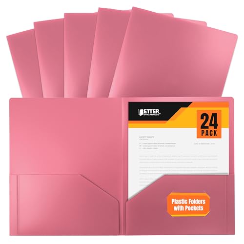 Better Office Products Heavyweight Plastic 2 Pocket Portfolio Folder, Letter Size Poly Folders, 24 Pack (Pink)