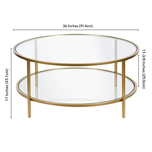 Henn&Hart 36" Wide Round Coffee Table With Glass Top In Brass, Round Coffee Table For Living Room, Studio Apartment Essentials #TOP1