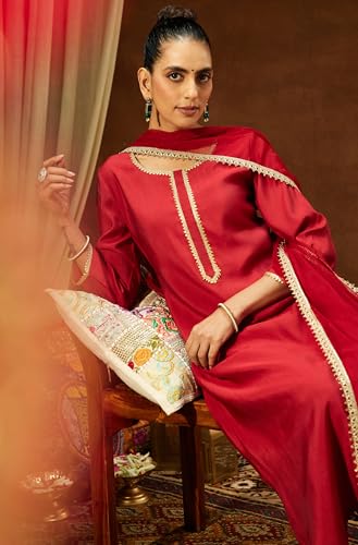 Image of Janasya Women's Chanderi Silk Yoke Design Straight Kurta Set