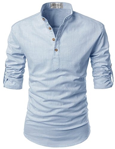 TheLees (NKN350 Transform Roll-Up Sleeve Mandarin Henley Neck Linen Shirts Sky US L(Tag Size L)
