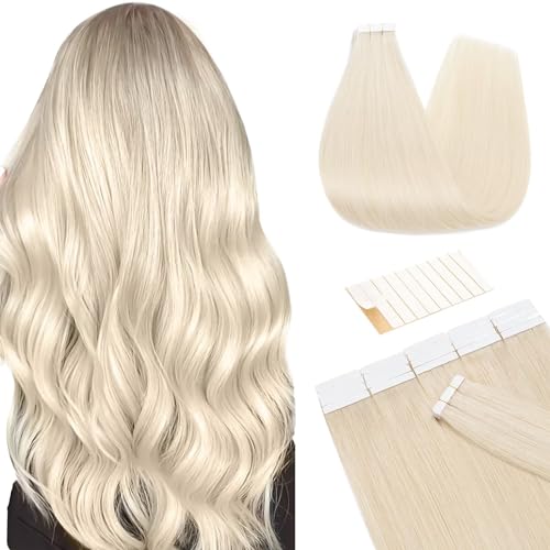 TESS Extensions Adhesives Cheveux Naturels Blond 25g Extension Cheveux Naturel Adhesif 10 Pieces Adhesif Extension Cheveux Naturel 40 cm #60 blond blanc