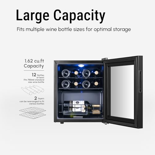Image of Yeego Wine Fridge, 12 Bottles Wine Cooler Refrigerator, 38-65℉ Freestanding Mini Fridge with Glass Door, Freestanding /Under Counter Wine Cooler for Home, Kitchen, Office, Dorm