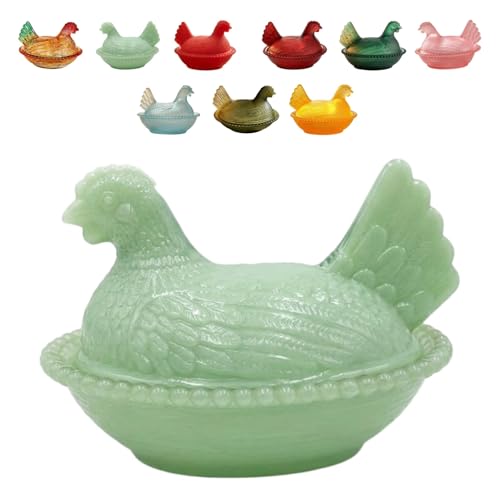 COOLZMYTH Vintage hen on nest Decor glass hen on nest candy dish with lid Clear Glass Storage Container for Kitchen Tabletop Decor Easter & Housewarming Gift (emerald green)