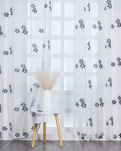Image of (7 ft Sheer Tissue with Embroidery 3 Flower Design|Grommet Curtains Window Long Curtain|Tissue Fabric Window Single Curtain (Black&White)|for Home|(Pack of 1)|213 L X 121 W cm