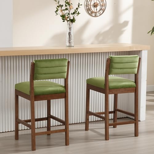 Image of RIVOVA 26 inch Bar Stools Set of 2 Counter Height Bar Stools for Kitchen Counter, Modern Upholstered Barstools with Back and Wood Legs Velvet Stools Farmhouse Island Chairs, Green