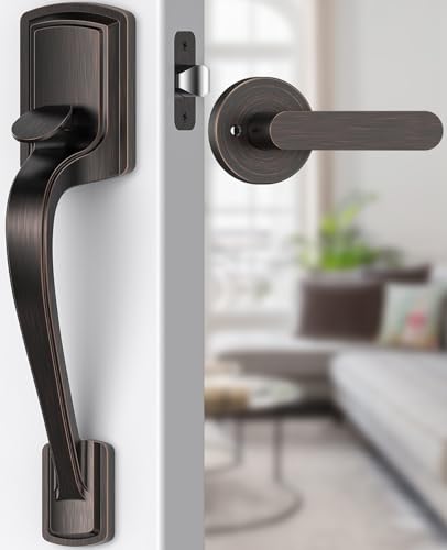 Image of Bronze Front Door Handle No Lock, Heavy Duty Front Door Lock Set | Brushed Exterior Door Handle No Lock for Every Deadbolt, Zinc Exterior Door Lock, Entry Handleset, Easy Install, Universal